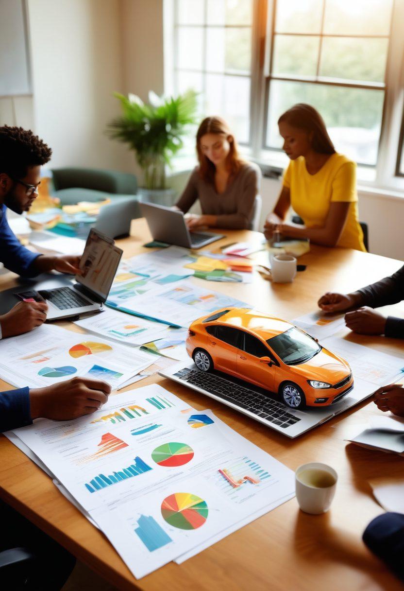 An elegant office setting with a diverse group of people discussing car insurance options around a large table cluttered with brochures and laptops, showcasing graphs and savings calculations on screens. In the background, a large infographic illustrates various car insurance rates in vibrant colors, emphasizing savings. Soft sunlight streams through large windows, creating a hopeful atmosphere. super-realistic. vibrant colors. bright and airy.