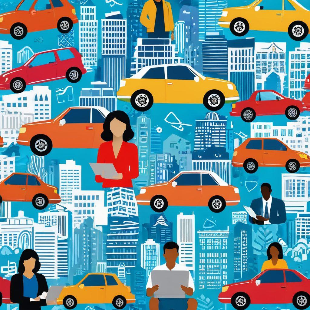 A visually engaging collage depicting diverse people comparing car insurance options on laptops and tablets, surrounded by icons of cars, dollar signs, and insurance paperwork. Include a cheerful atmosphere with bright colors and a backdrop of a city skyline to represent urban living. The scene should convey a sense of empowerment and financial savvy. vibrant colors. vector art. white background.
