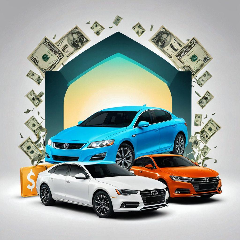 A visually appealing split-image design showcasing two cars, one representing high insurance costs with dollar signs and barriers, and the other symbolizing affordable coverage with a shield and happy family. Include a glowing key unlocking a safe filled with money and insurance documents. The background should feature a soft gradient that transitions from dark to light, embodying the concept of unlocking secrets. super-realistic. vibrant colors. white background.